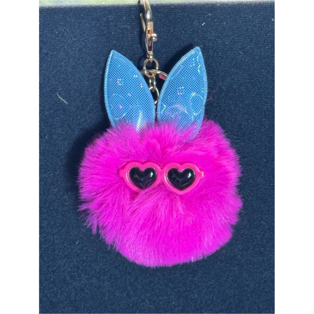 NWT Fluffy Bunny Pom Pom Keychain with Heart Sunglasses Raspberry